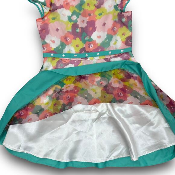 American Girl Child Size Bright Blooms Floral Dress Belted Lined Size 14 Girls - Picture 4 of 7